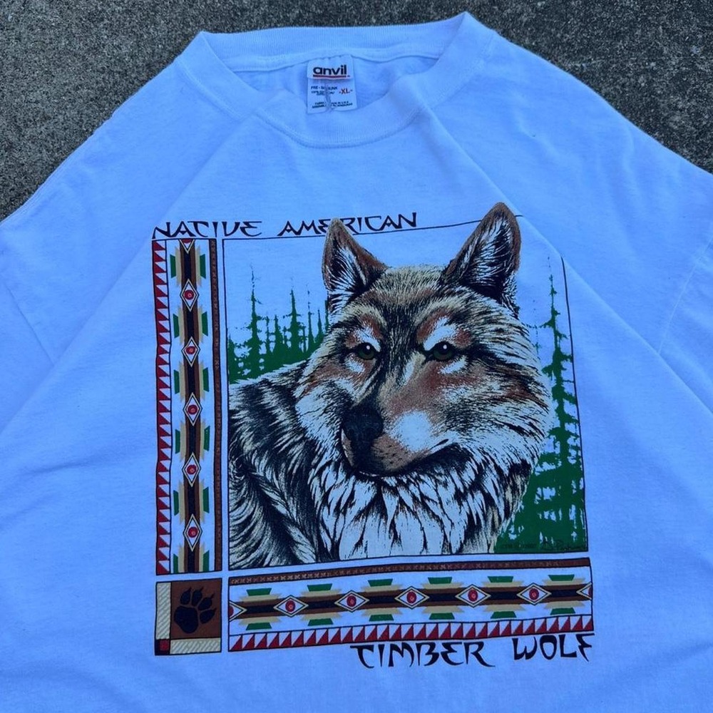 Vintage Y2K Anvil Native American Timber Wolf Graphic Tee White XL (g6)